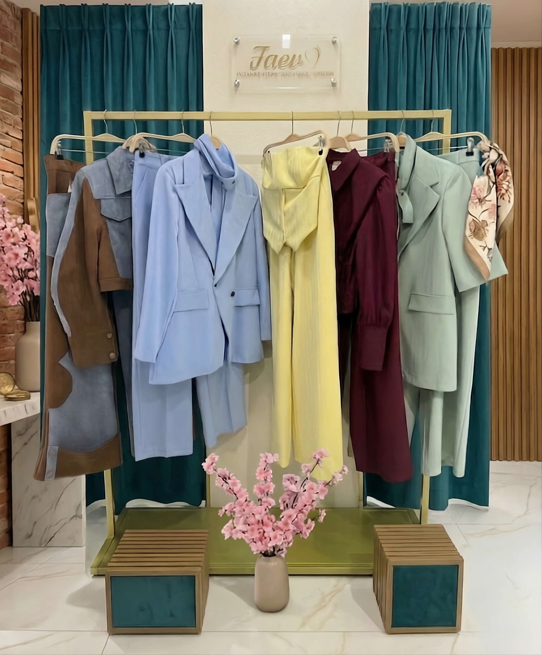 Stand espositivo con tailleur eleganti da donna colorati e coordinati di tendenza nella boutique FAEV Abbigliamento.