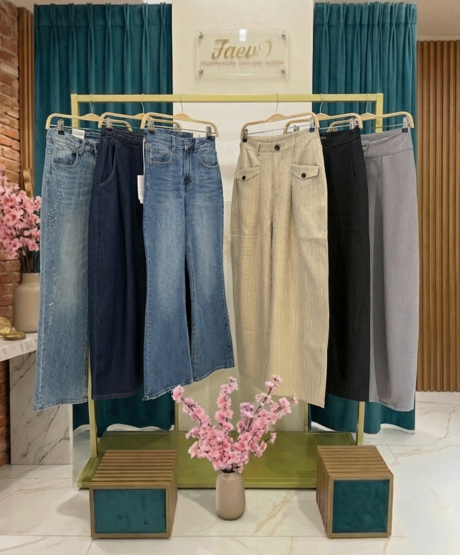Stand espositivo con assortimento di jeans da donna in vari lavaggi e pantaloni eleganti nella boutique FAEV Abbigliamento.