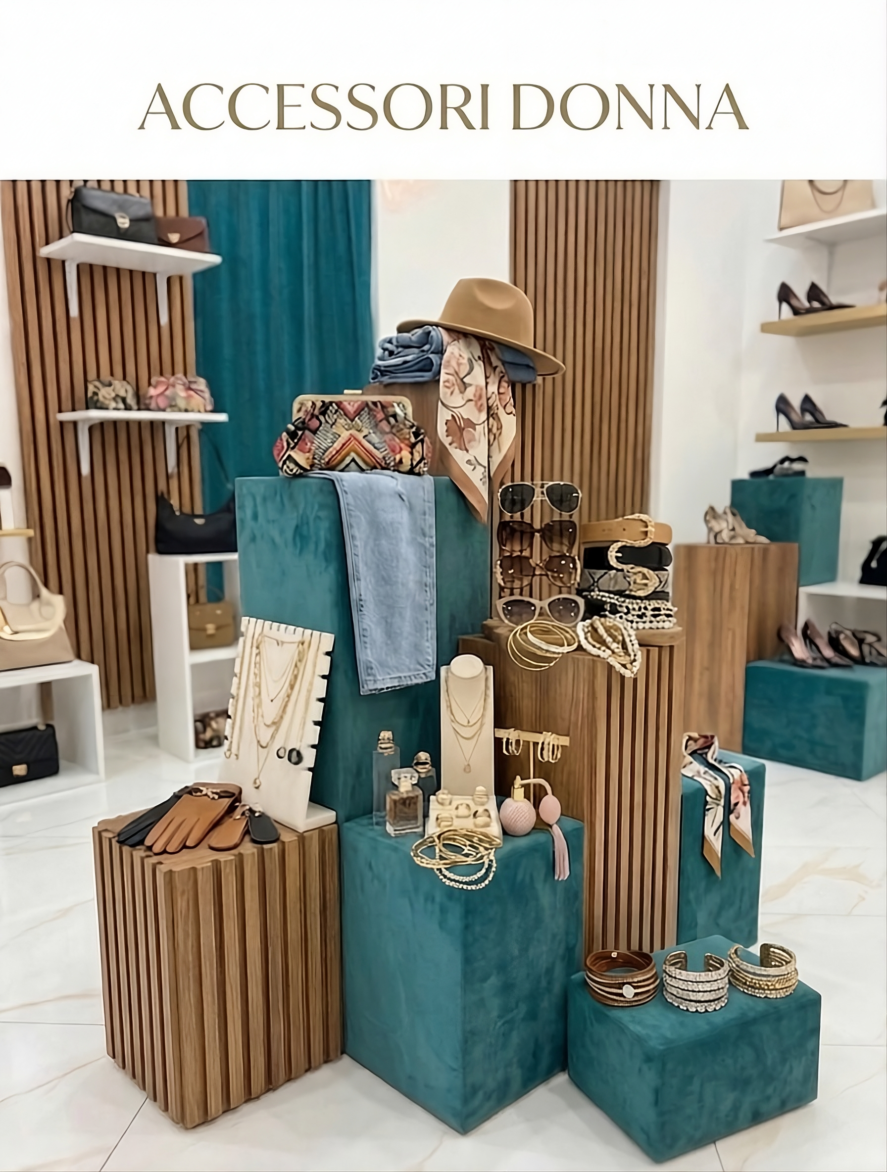 Isola espositiva con cappelli da donna estivi, bijoux di tendenza e accessori moda nella boutique FAEV Abbigliamento.