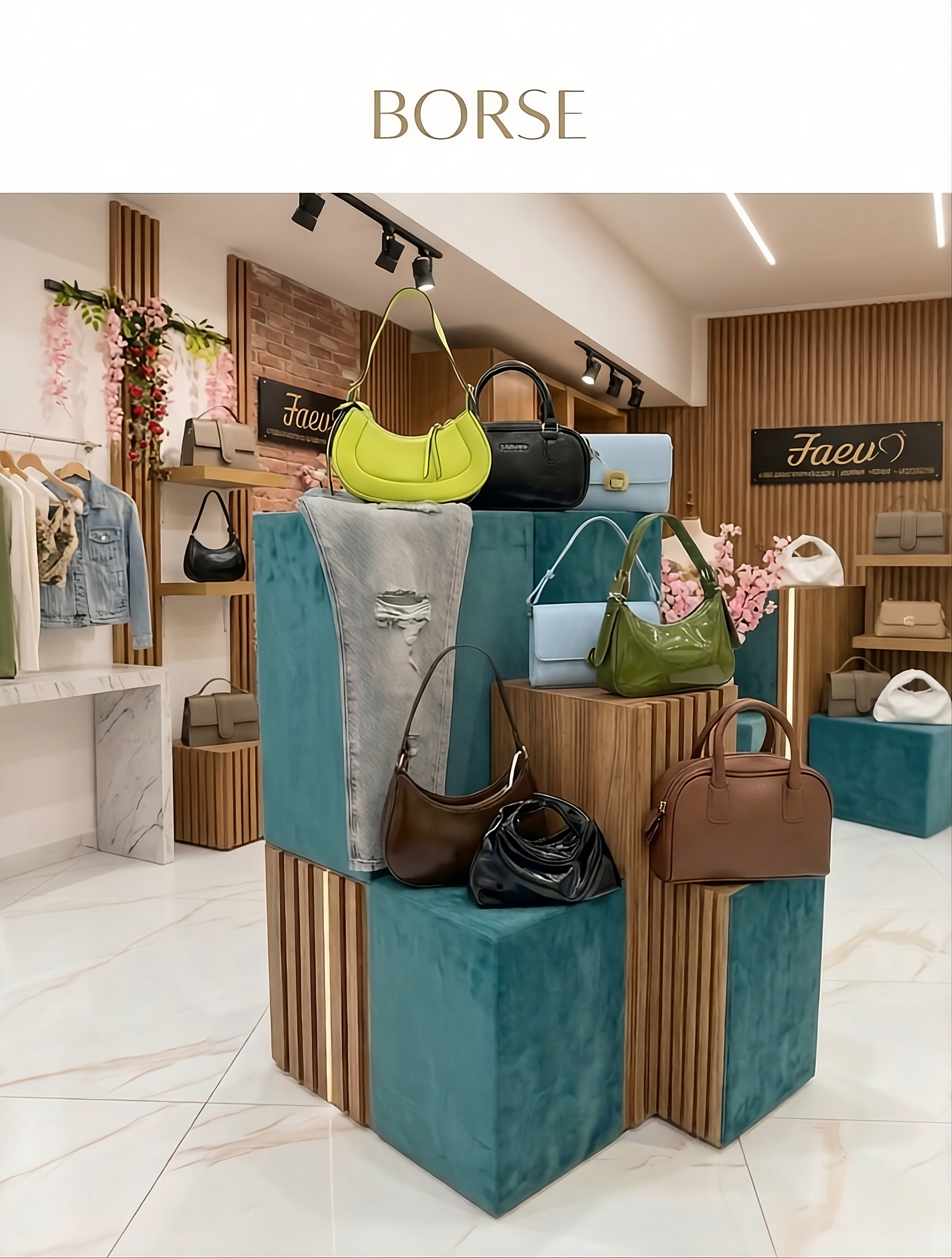 Isola espositiva con assortimento di borse da donna eleganti, pochette e borse a spalla nella boutique FAEV Abbigliamento.