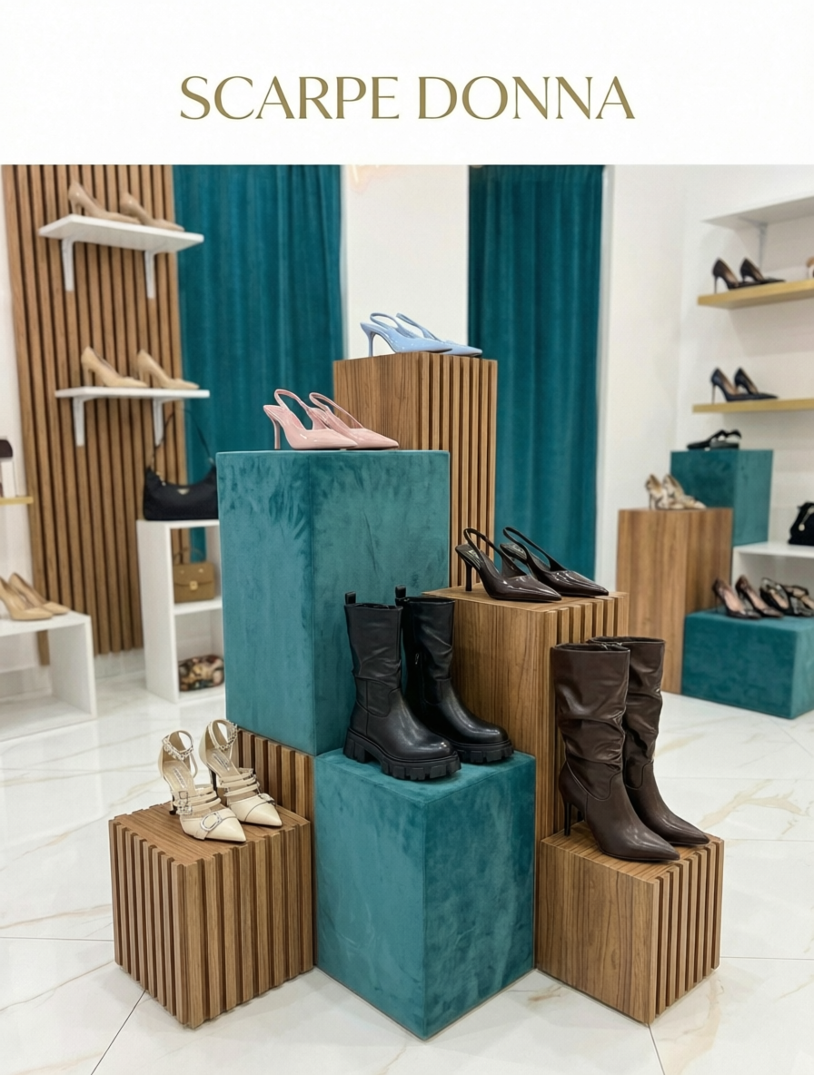 Espositori di design con assortimento di scarpe chanel eleganti, sandali da donna e stivali nella boutique FAEV Abbigliamento.