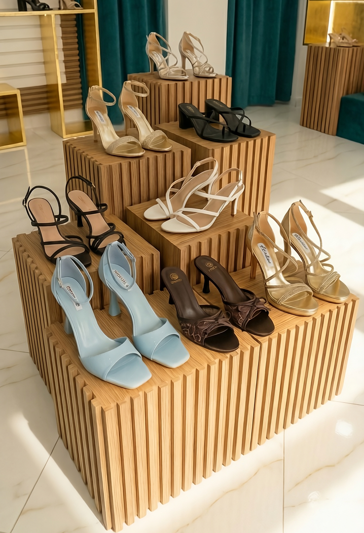 Dettaglio di sandali da donna eleganti con tacco e ciabattine estive esposti nella boutique FAEV Abbigliamento.