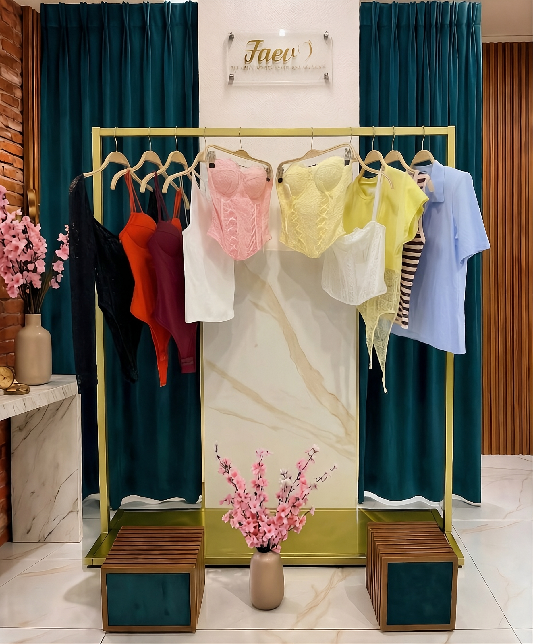 Stand espositivo con assortimento di top estivi, body da donna e corsetti eleganti nella boutique FAEV Abbigliamento.