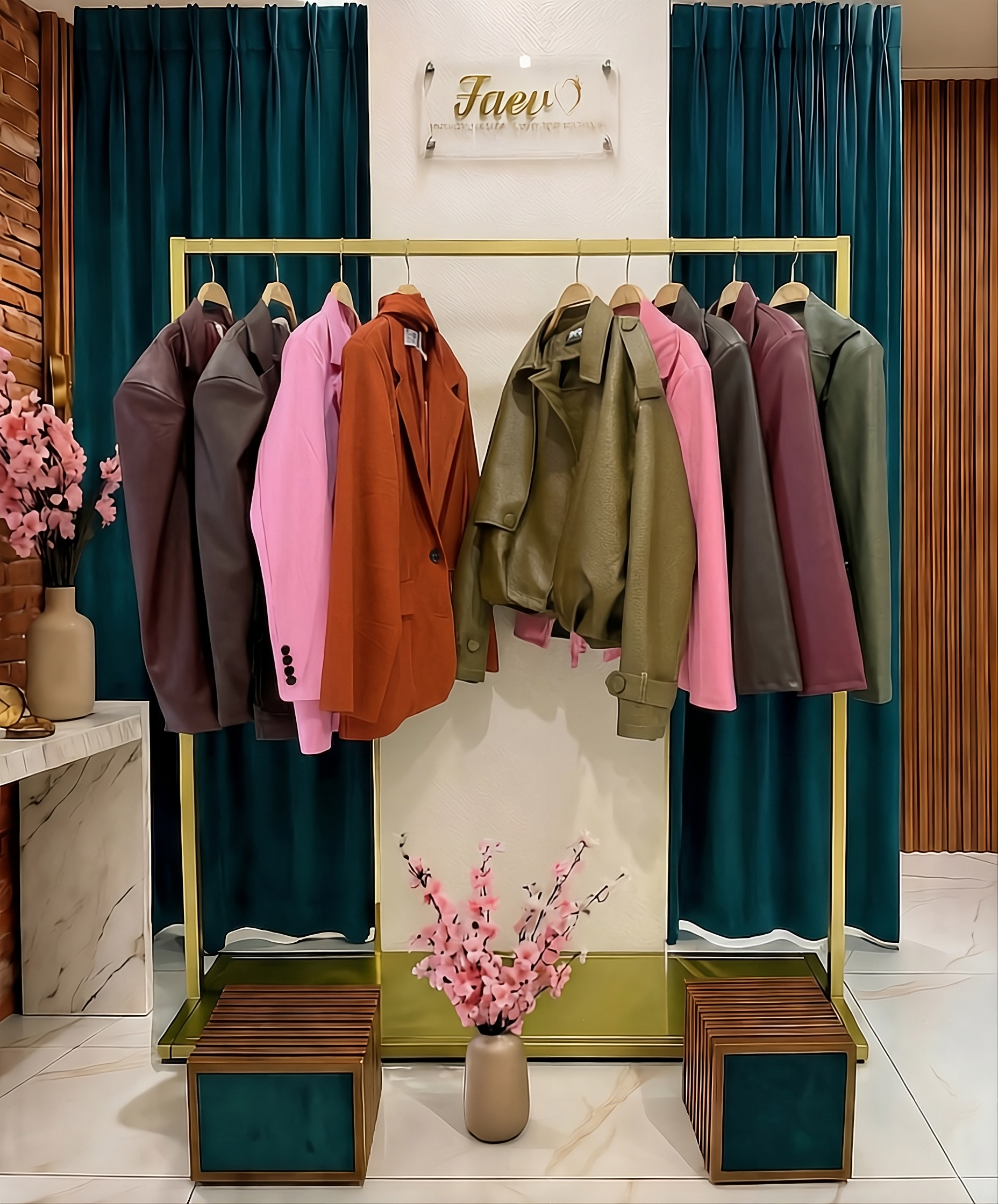 Esposizione di giacche da donna, blazer eleganti e giubbini di tendenza all'interno della boutique FAEV Abbigliamento.