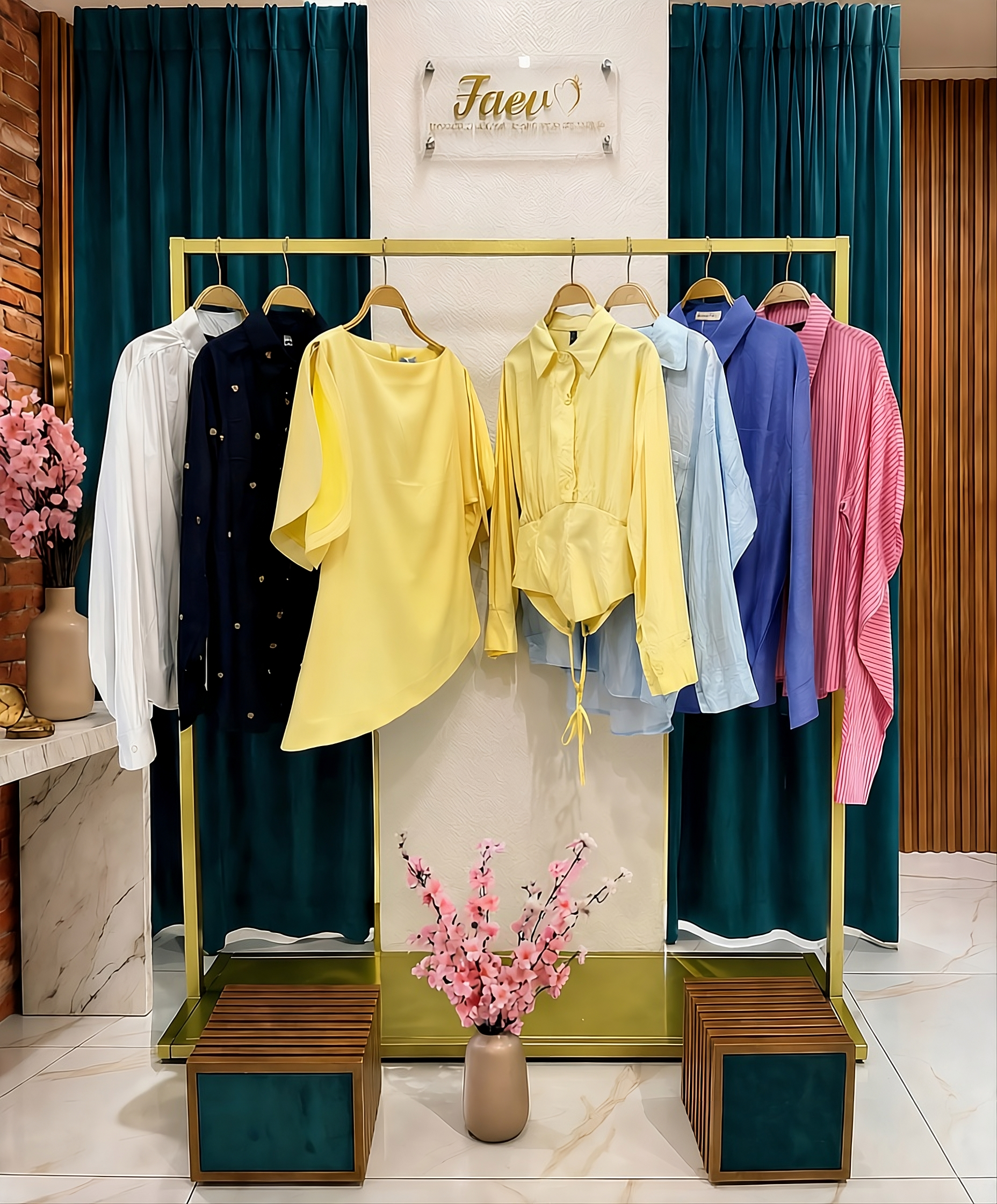 Stand espositivo con assortimento di camicie da donna colorate e bluse eleganti nella boutique FAEV Abbigliamento.