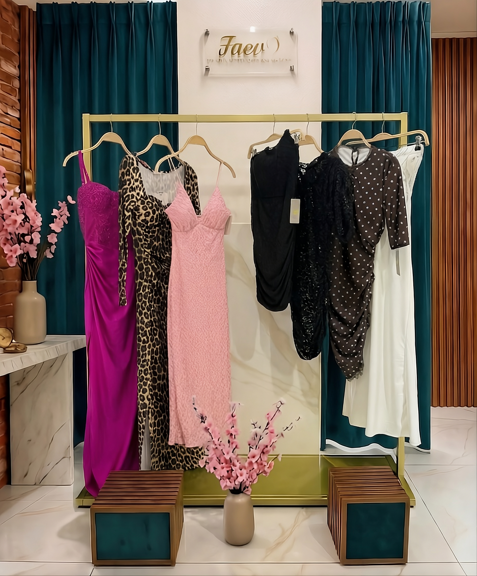 Esposizione di abiti e tute da donna eleganti all'interno della boutique FAEV Abbigliamento.