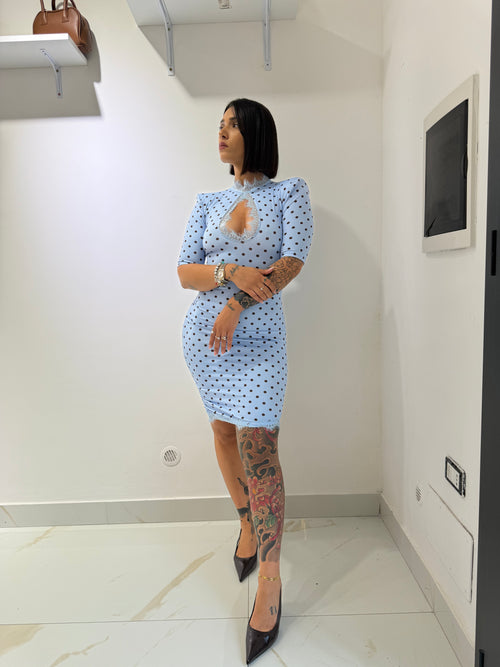 Abito Amina | Bodycon Blu Pois con Inserti in Pizzo